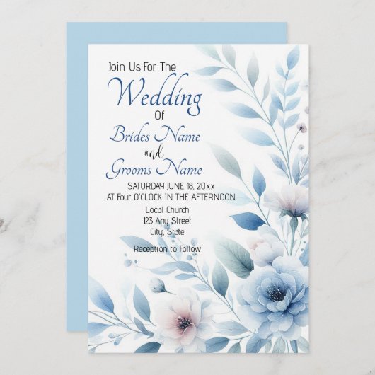 Elegant Blue Floral Wedding Invitation 招待状 (正面/裏面)