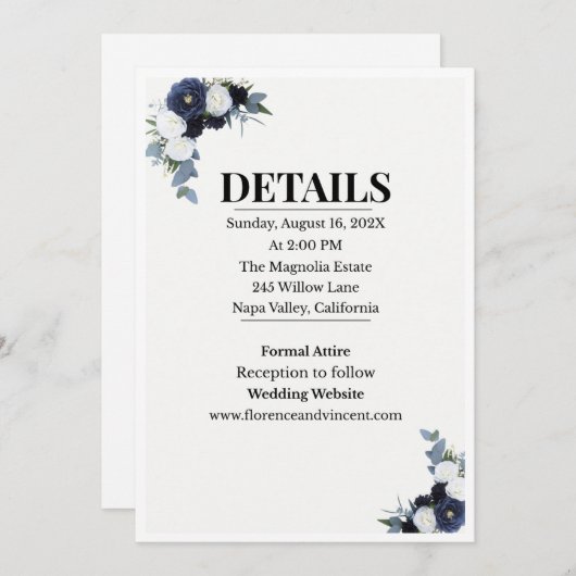 Elegant Blue Floral Wedding Invitation 招待状 (正面/裏面)