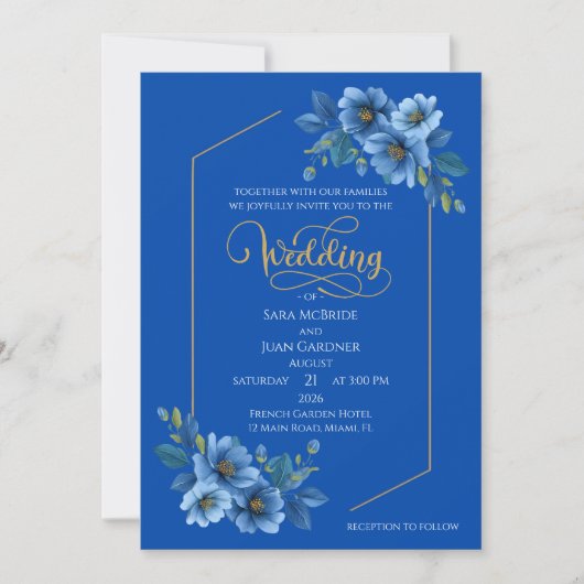 Elegant Blue Floral Wedding Invitation 招待状 (正面)