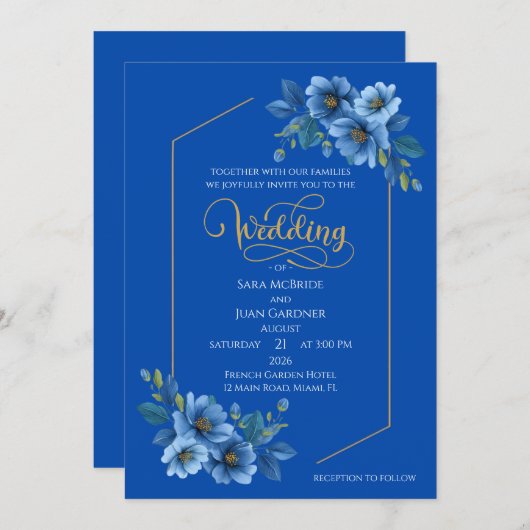 Elegant Blue Floral Wedding Invitation 招待状 (正面/裏面)
