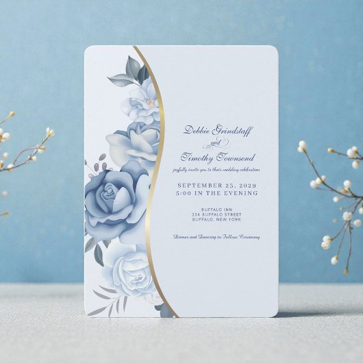 Elegant Blue Floral Wedding Invitation  招待状