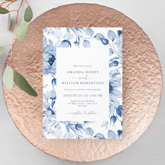 Elegant Blue Floral Wedding Invitation 招待状