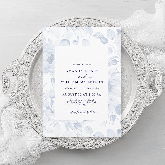 Elegant Blue Floral Wedding Invitation 招待状