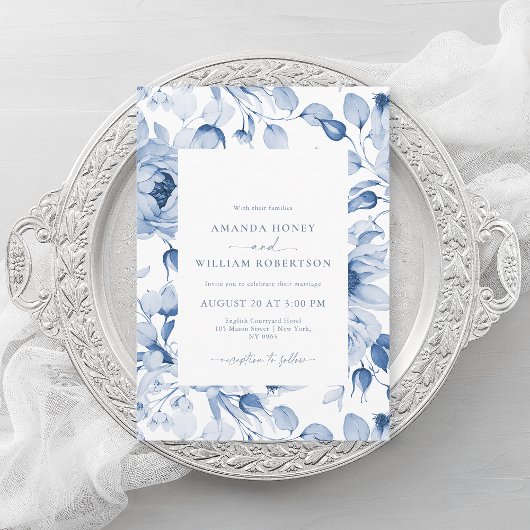 Elegant Blue Floral Wedding Invitation 招待状