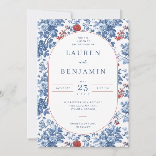 Elegant Blue Floral Wedding Invitation 招待状 (正面)