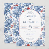 Elegant Blue Floral Wedding Invitation 招待状 (正面/裏面)