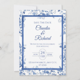 Elegant Blue Floral Wedding Invitation  招待状