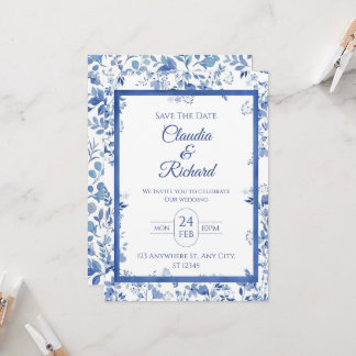 Elegant Blue Floral Wedding Invitation  招待状
