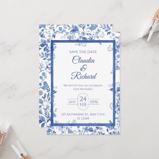 Elegant Blue Floral Wedding Invitation  招待状 (正面/裏面インサイチュ)