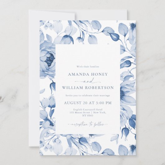 Elegant Blue Floral Wedding Invitation 招待状 (正面)