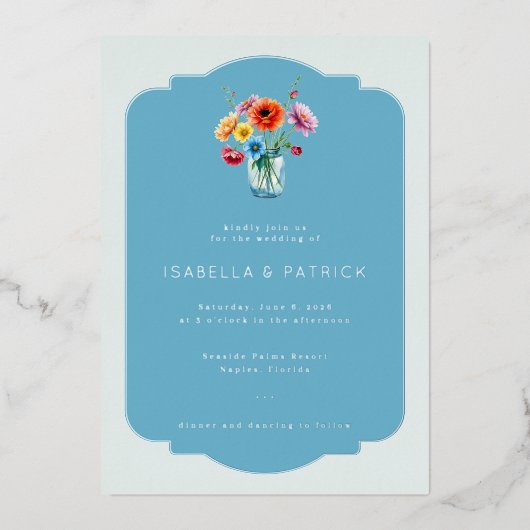 Elegant Blue Floral Wedding Invitation 箔招待状 (正面)
