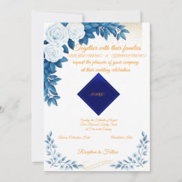 Elegant Blue Floral Wedding Invitation on White 招待状