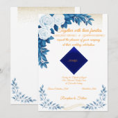 Elegant Blue Floral Wedding Invitation on White 招待状 (正面/裏面)
