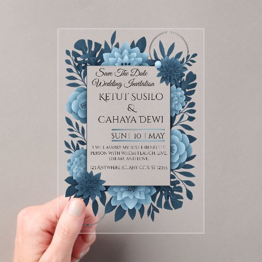  Elegant Blue Floral Wedding Invitation Template   アクリル招待状 (インサイチュ (ポータブル))