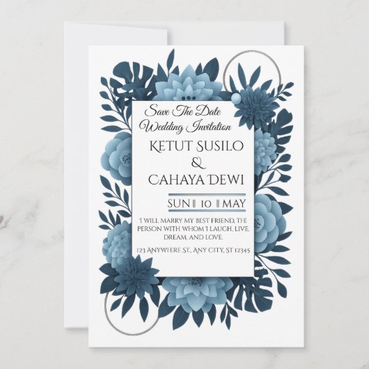  Elegant Blue Floral Wedding Invitation Template   招待状 (正面)