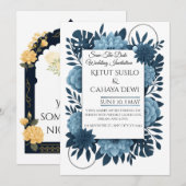  Elegant Blue Floral Wedding Invitation Template   招待状 (正面/裏面)