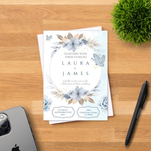 Elegant Blue Floral Wedding Invitation with Dove a アクリル招待状 (インサイチュ (招待状))