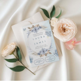 Elegant Blue Floral Wedding Invitation with Dove a 招待状