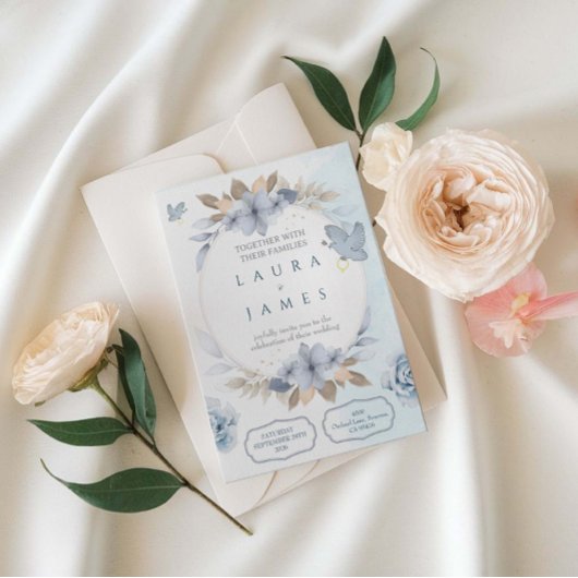 Elegant Blue Floral Wedding Invitation with Dove a 招待状
