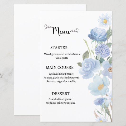 Elegant Blue Floral Wedding Menu (正面/裏面)