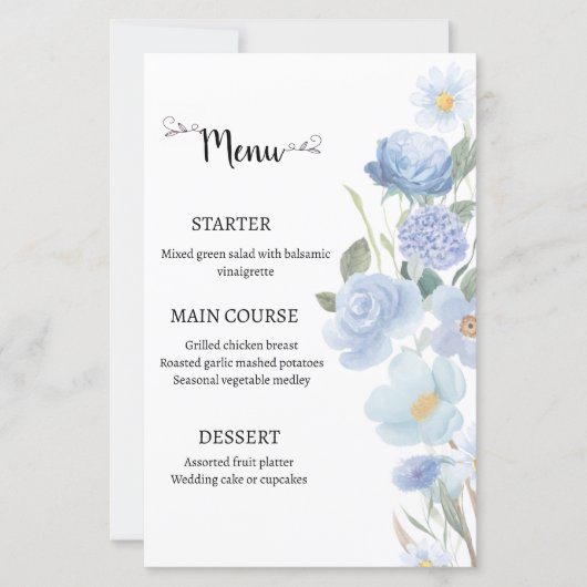 Elegant Blue Floral Wedding Menu (正面)
