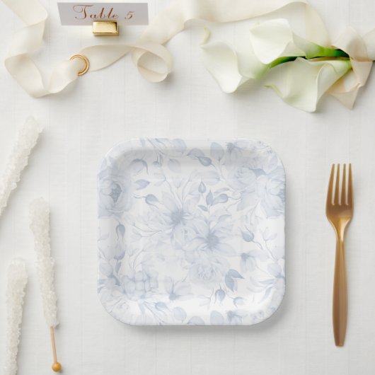 Elegant Blue Floral Wedding Paper Plate ペーパープレート (ウェディング)