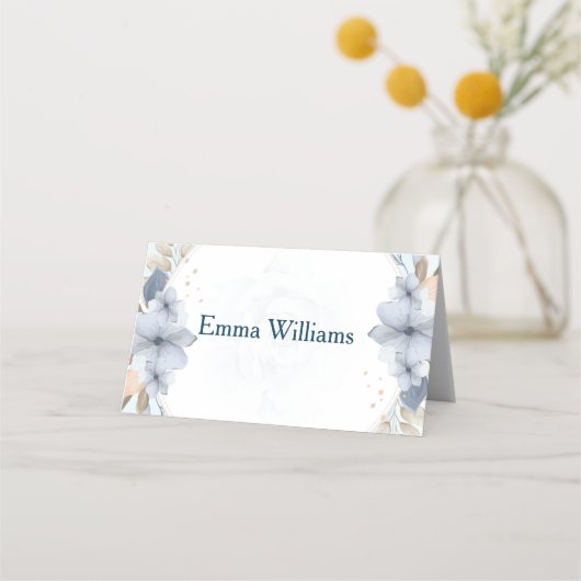 Elegant Blue Floral Wedding Place Card  プレイスカード (正面)