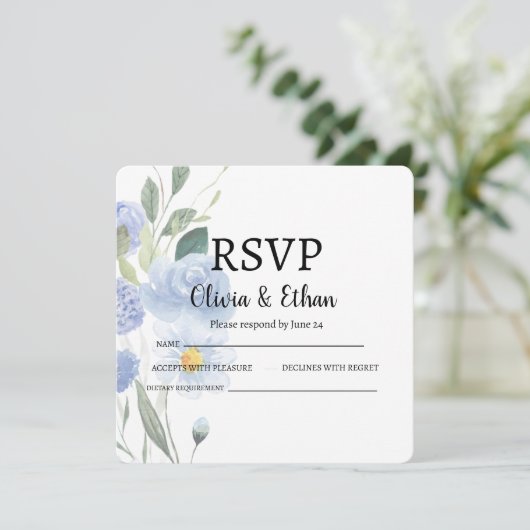 Elegant Blue Floral Wedding RSVP Card (スタンド正面)