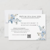 Elegant Blue Floral Wedding RSVP Card with QR Code (正面)