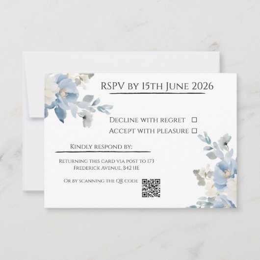 Elegant Blue Floral Wedding RSVP Card with QR Code (正面)