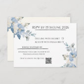 Elegant Blue Floral Wedding RSVP Card with QR Code (正面/裏面)