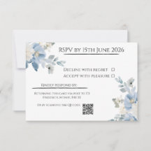 Elegant Blue Floral Wedding RSVP Card with QR Code