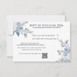 Elegant Blue Floral Wedding RSVP Card with QR Code