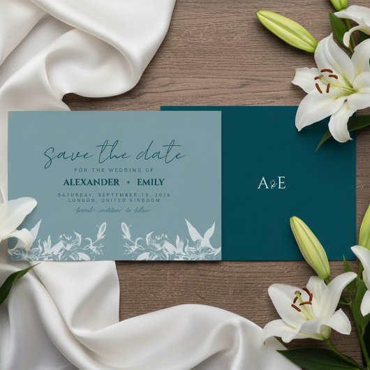 Elegant Blue Floral Wedding Save the Date Card 出欠カード