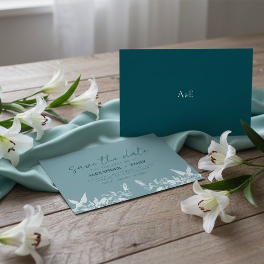 Elegant Blue Floral Wedding Save the Date Card 出欠カード