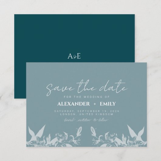 Elegant Blue Floral Wedding Save the Date Card 出欠カード (正面/裏面)