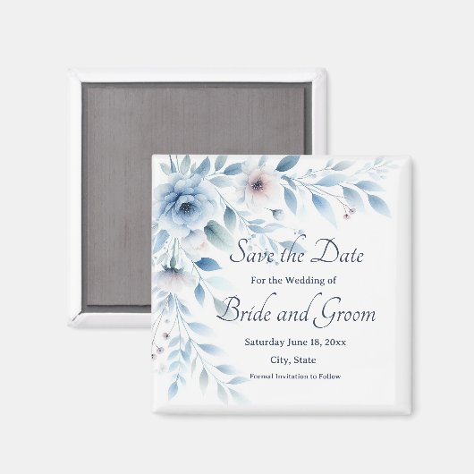 Elegant Blue Floral Wedding Save the Date Magnet マグネット (正面/裏面)