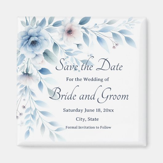 Elegant Blue Floral Wedding Save the Date Magnet マグネット (正面)