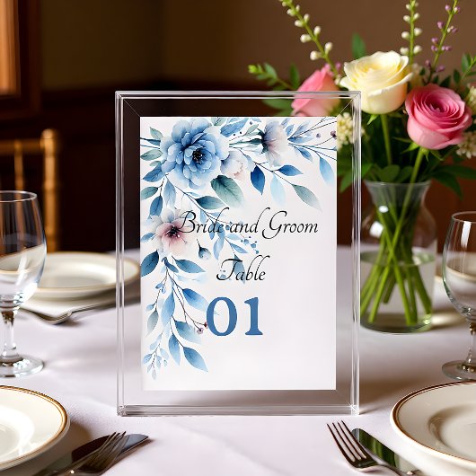 Elegant Blue Floral Wedding Table Card テーブルナンバー