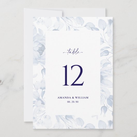 Elegant Blue Floral Wedding Table Number Card 招待状 (正面)