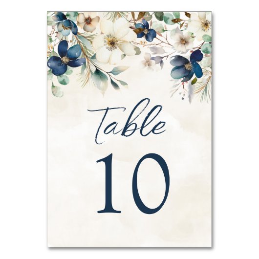 Elegant Blue Floral Wedding Table Number Cards テーブルナンバー (正面)