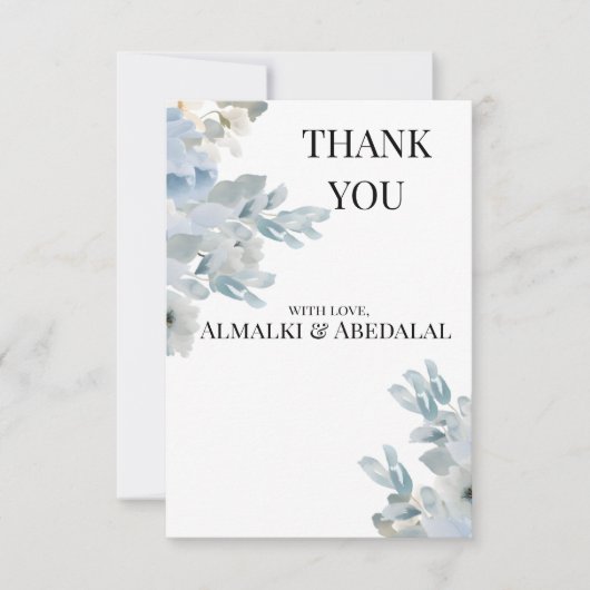 Elegant Blue Floral Wedding Thank You Card  (正面)