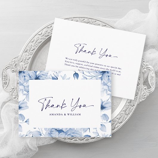 Elegant Blue Floral Wedding Thank You Card サンキューカード