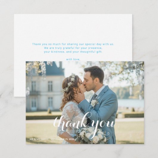 Elegant Blue Floral Wedding Thank You Card 出欠カード (正面/裏面)