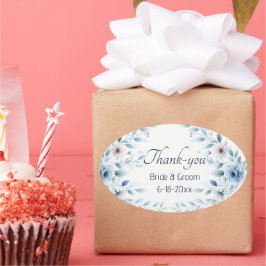 Elegant Blue Floral Wedding Thank-you Sticker 楕円形シール