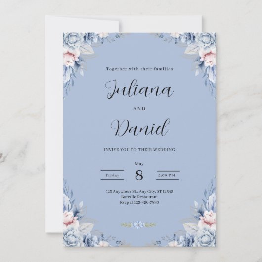 Elegant Blue Floral Wedding Tropical wedding  招待状 (正面)