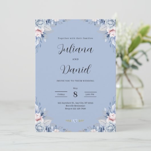 Elegant Blue Floral Wedding Tropical wedding  招待状 (スタンド正面)