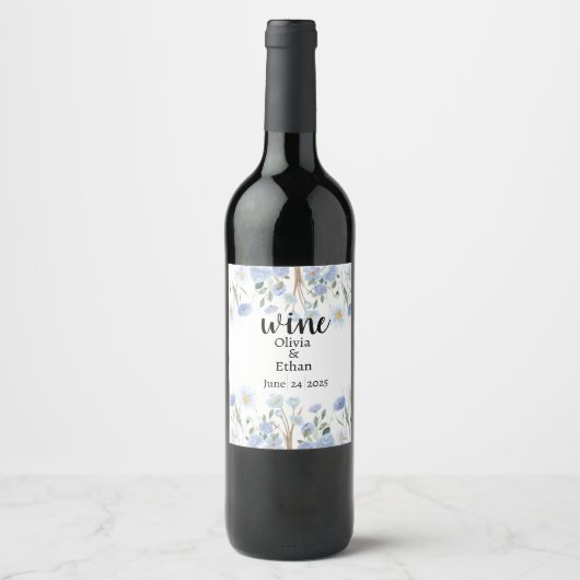 Elegant Blue Floral Wedding Wine Label ワインラベル (正面)