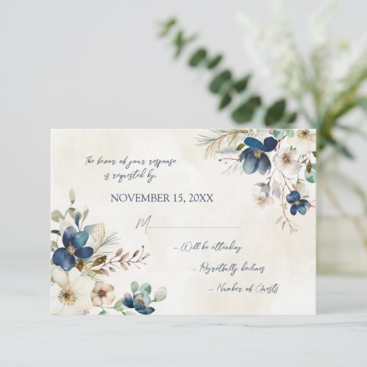 Elegant Blue Floral Winter RSVP Wedding Card (スタンド正面)