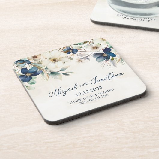 Elegant Blue Floral Winter Wedding コースター (左側)